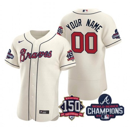 Men's Atlanta Braves Customized 2021 Cream World Series Champions With 150th Anniversary Flex Base Stitched Jersey