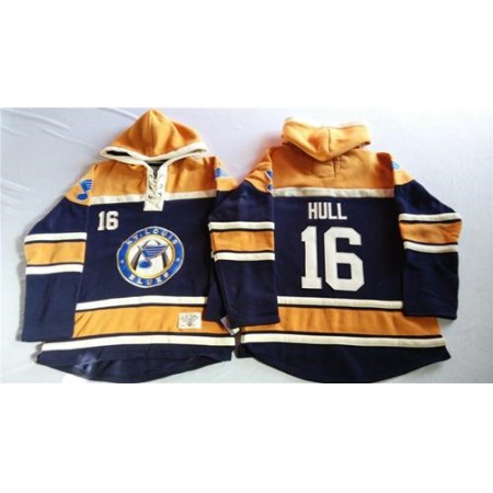 Blues #16 Brett Hull Navy Blue/Gold Sawyer Hooded Sweatshirt Stitched NHL Jersey